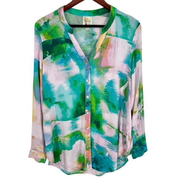 Anthropologie Tops - Anthropologie Fig & and Flower Large Pink Green Tropical Beach Blouse Shirt Top